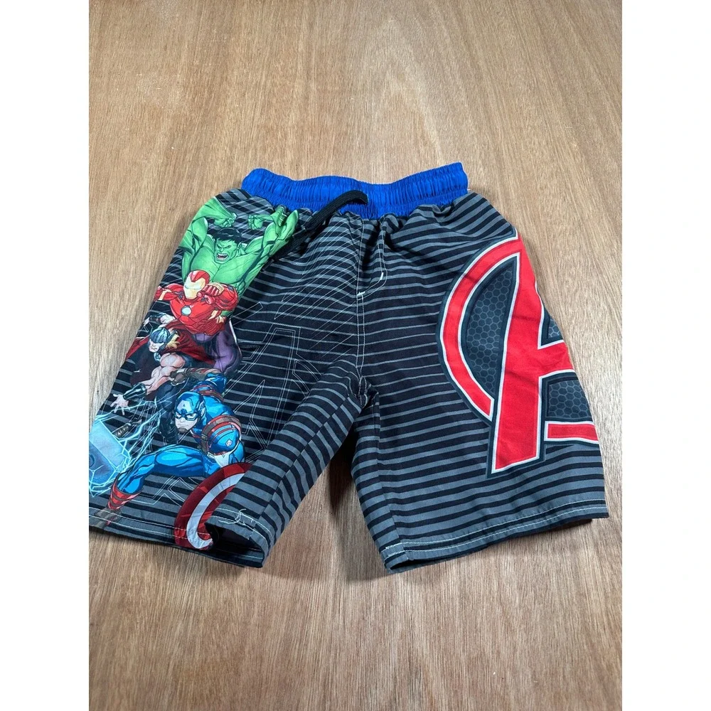 Marvel Swim Trunks Kids Size 5/6 Black Avengers Graphic Board Shorts Striped